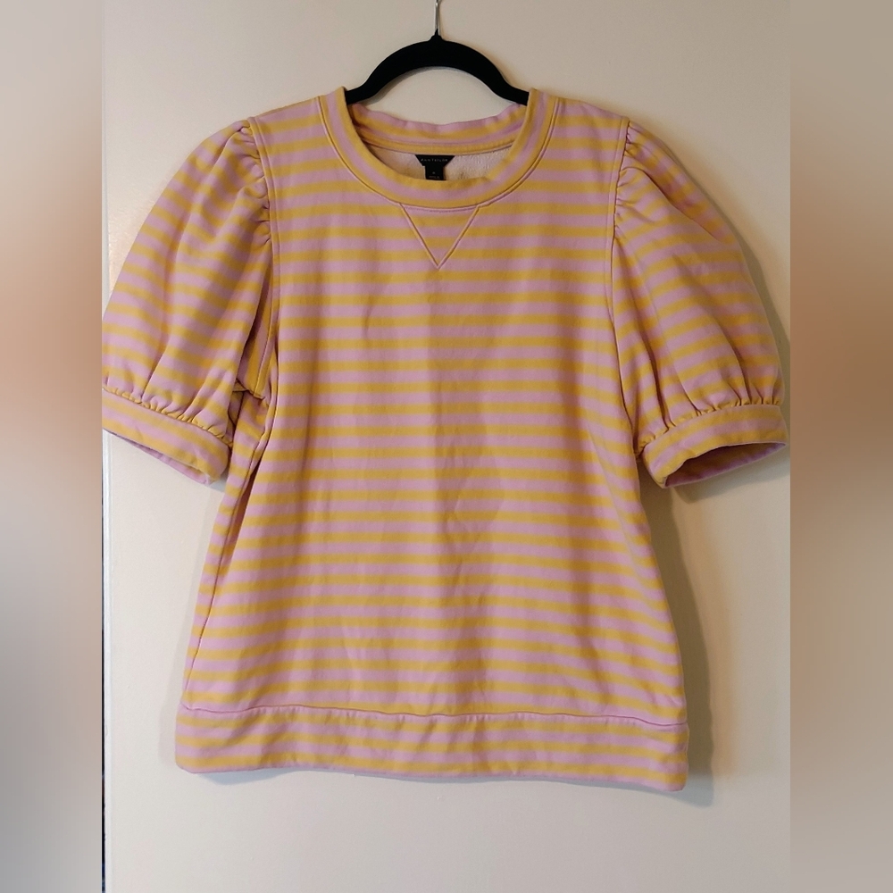 Ann Taylor Striped Puff-Sleeve Crewneck Cotton Top in Yellow and Pink M